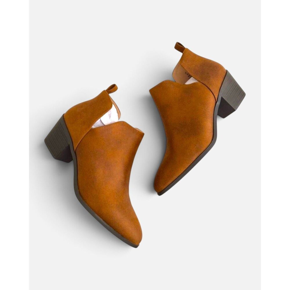 Journee Collection Lola Cut Out Stacked Heel Brown Suede Dress Booties, 12 Wide